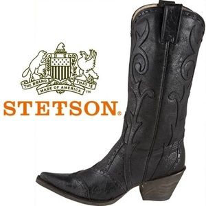 Crackle & Lace Leather Heeled Cowboy Boots in Black - Size 9